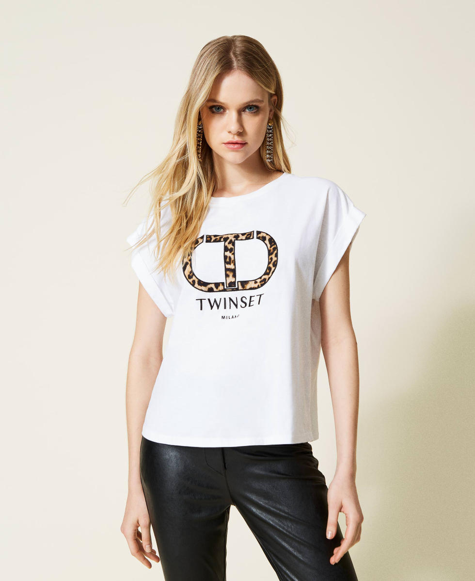 T shirt with animal print logo Woman White TWINSET Milano