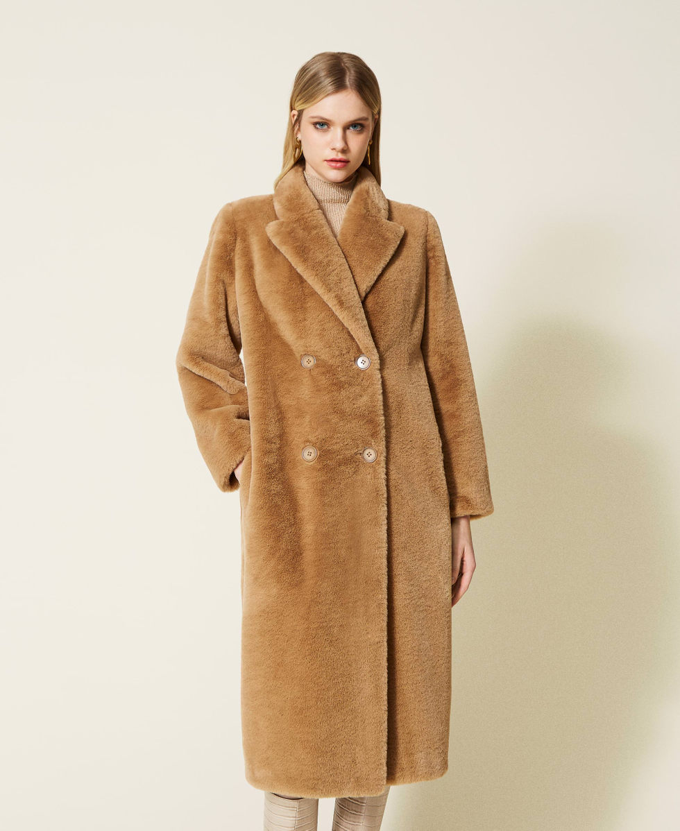 Double breasted faux fur coat Woman Yellow TWINSET Milano