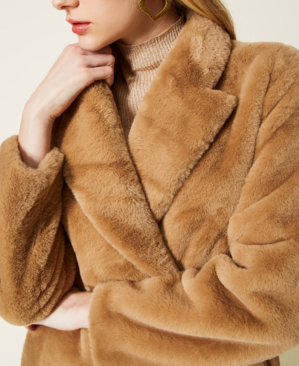 Double-breasted faux fur coat Woman, Beige | TWINSET Milano