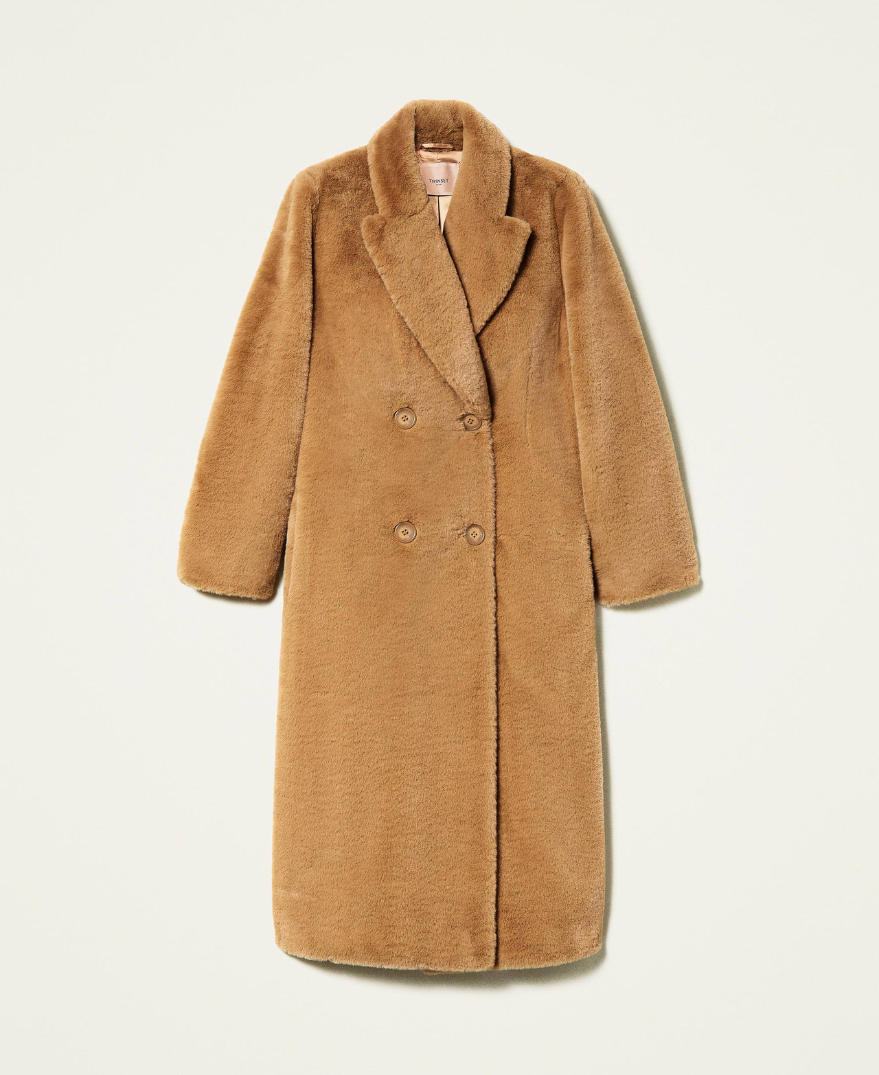 Zweireihiger Mantel aus Pelzimitat Dünenbeige Frau 222TP2180-0S