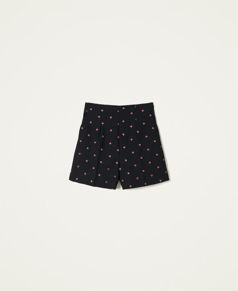 High waist shorts with embroidered hearts Red / Black Heart Embroidery Woman 222TP2233-0S