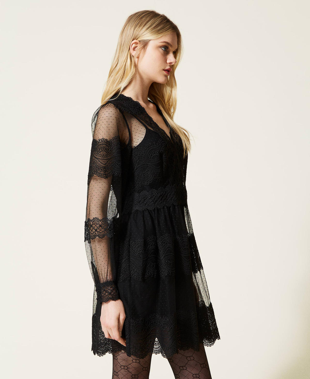 Short tulle and lace dress Woman Black TWINSET Milano