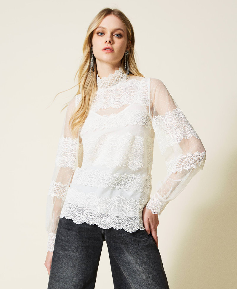 Blusa in tulle e pizzo Bianco Neve Donna 222TP2254-02