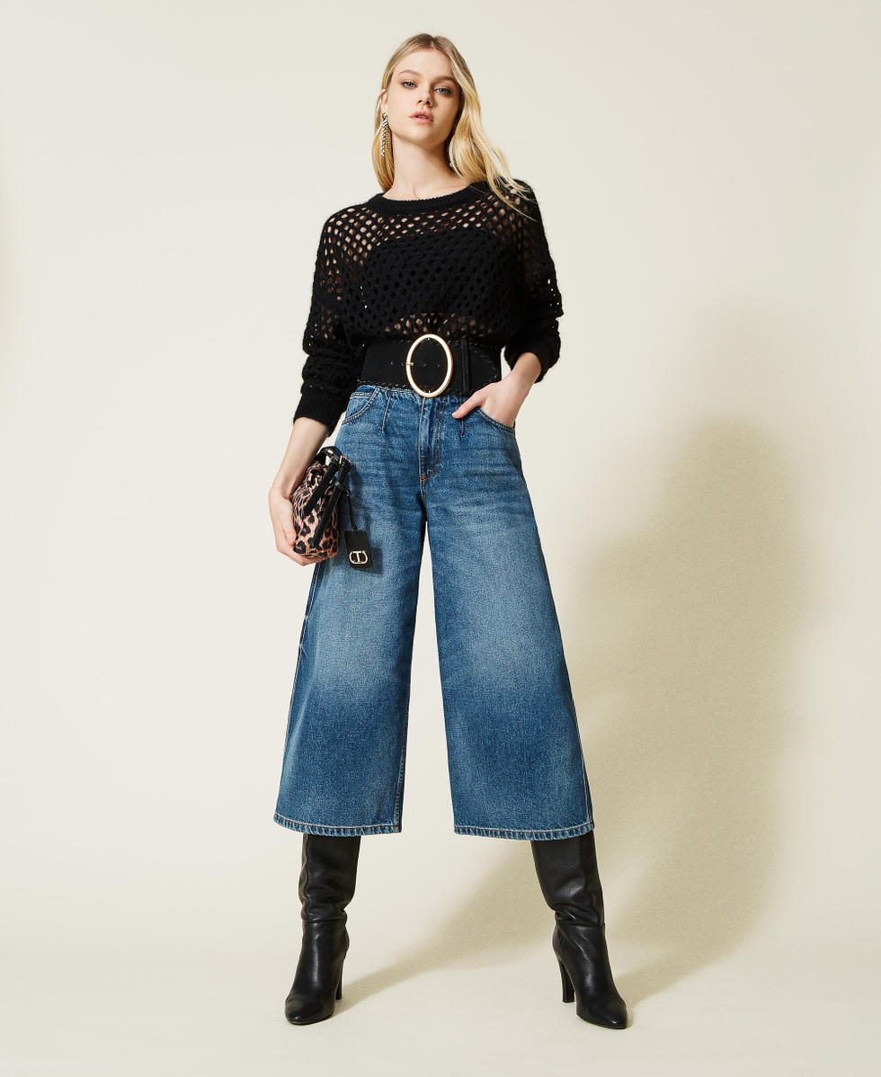 Jean cropped taille haute avec decolorations Femme Bleu TWINSET Milano
