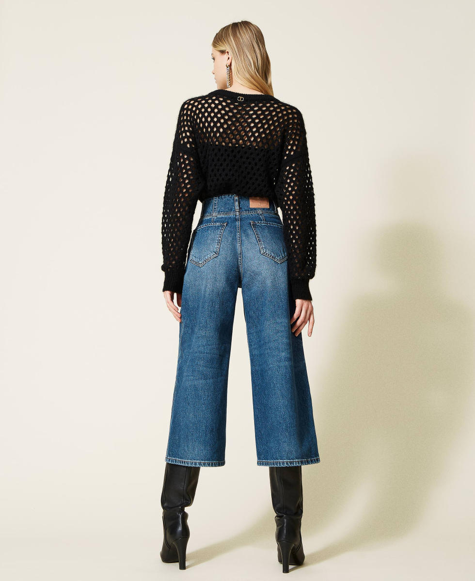 Jeans cropped a vita alta con schiariture