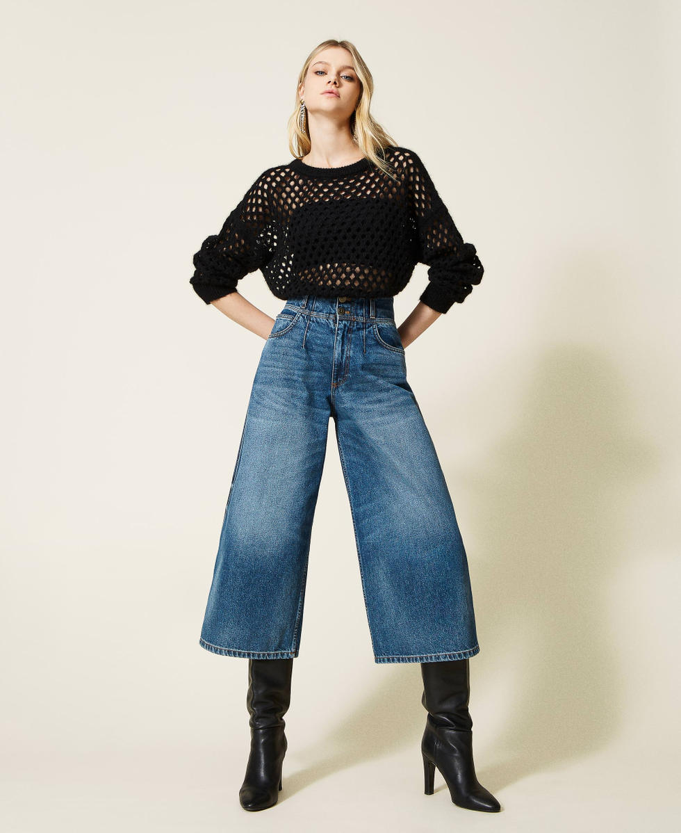 Jeans cropped a vita alta con schiariture