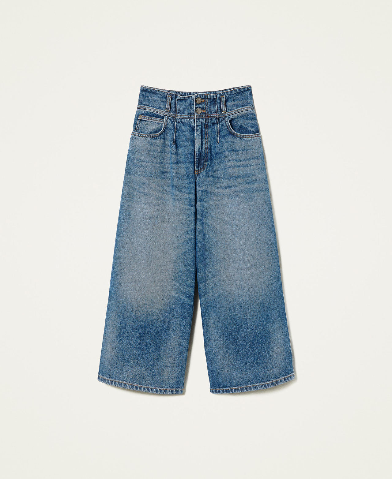 Укороченные джинсы с высокой талией и потертостями Синий Деним женщина 222TP2390-0S