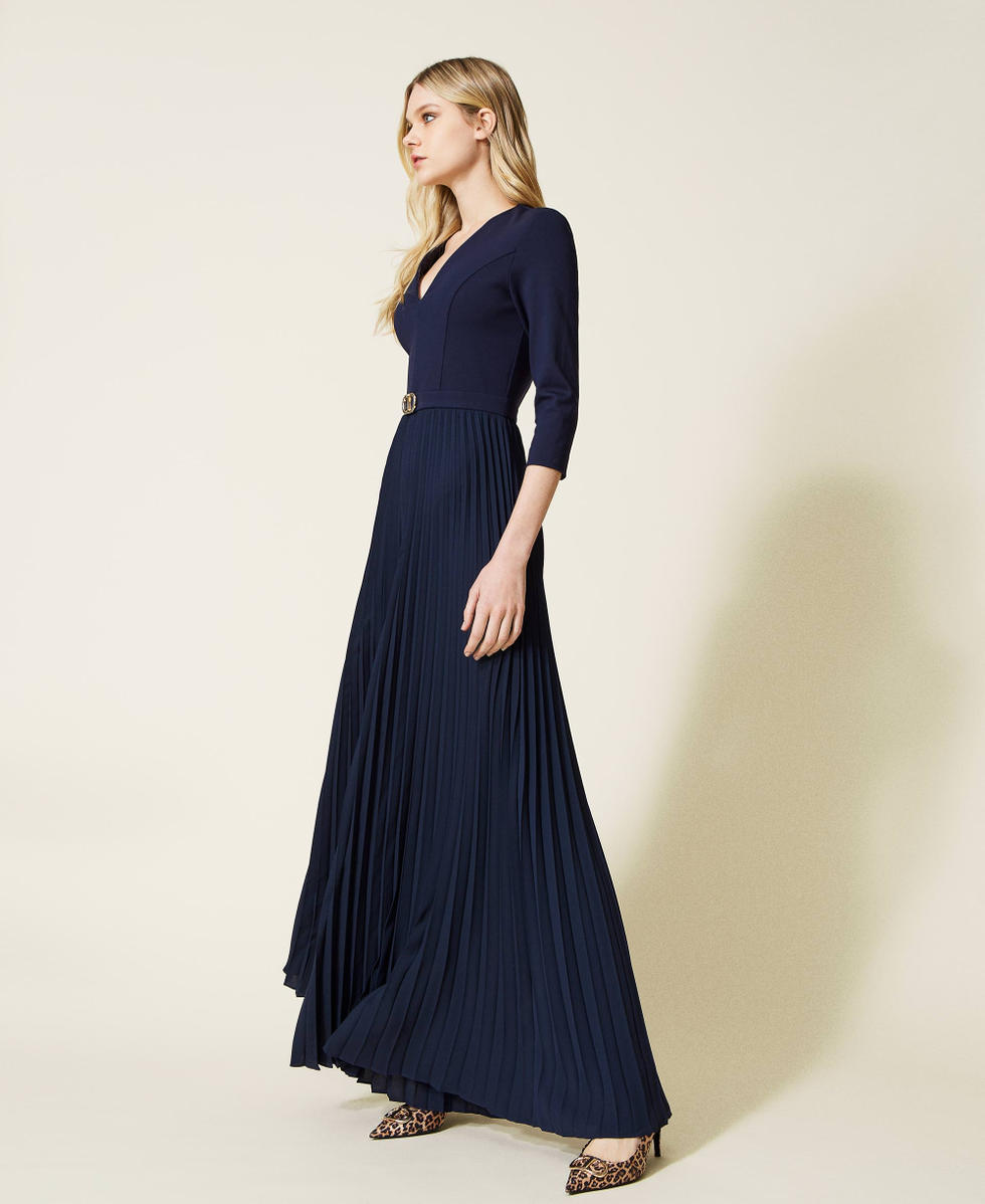 Long jumpsuit with pleats and logo Woman, Blue | TWINSET Milano