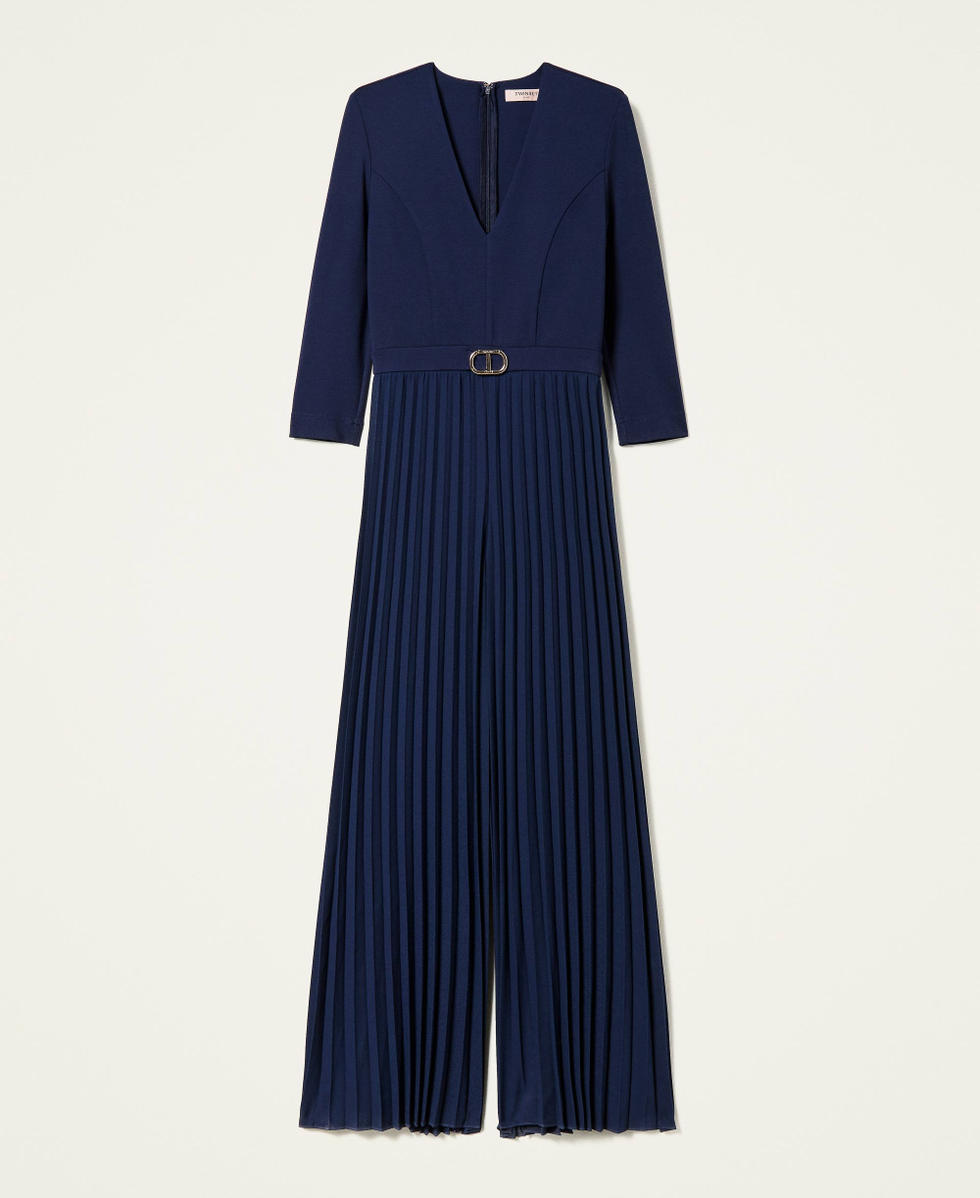 Long jumpsuit with pleats and logo Woman, Blue | TWINSET Milano