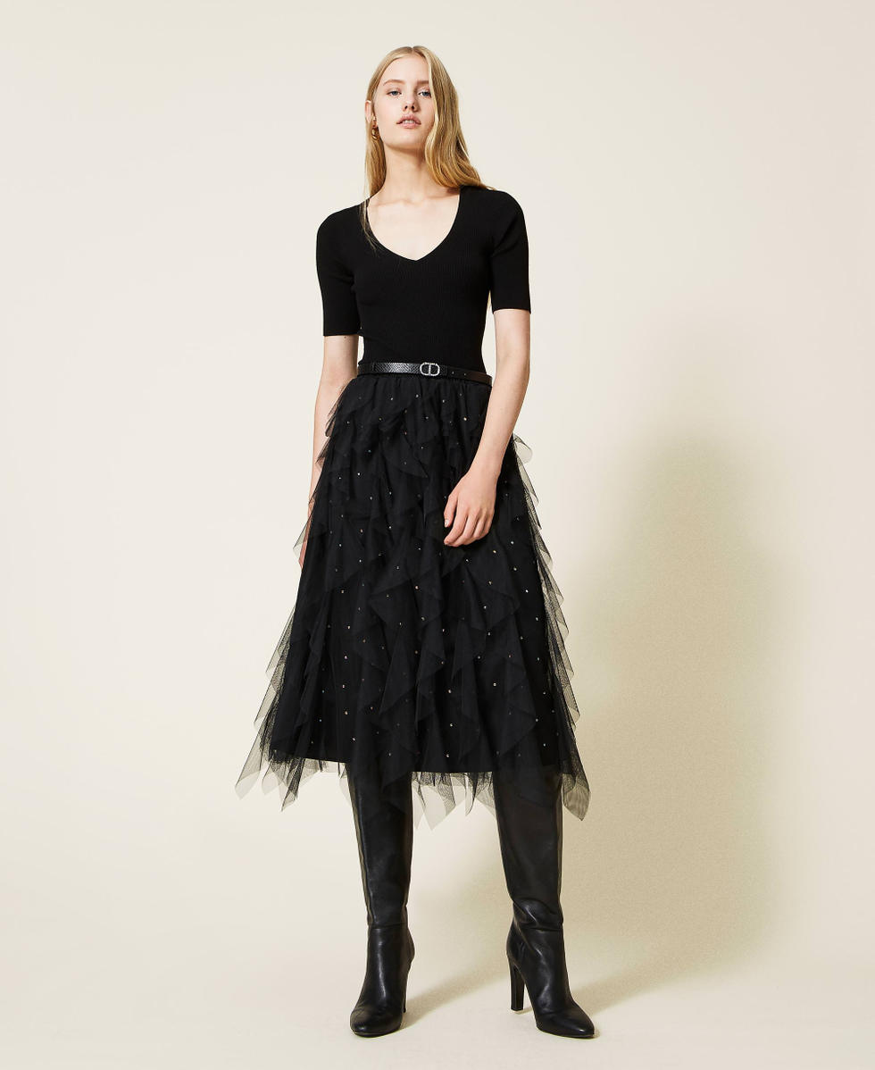 Flounced tulle midi skirt
