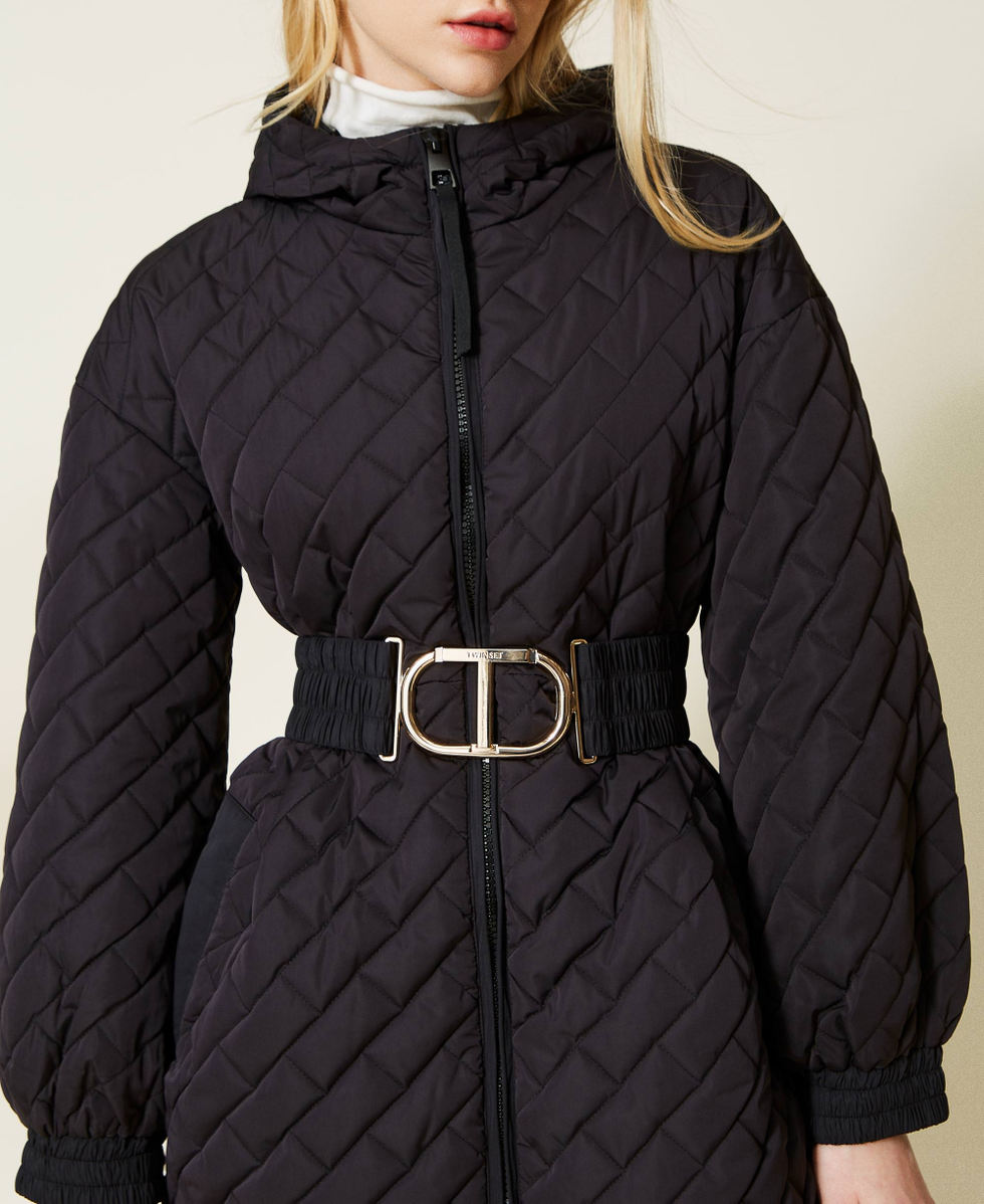 Black padded jacket with belt cheap