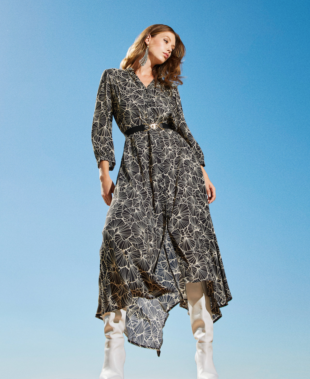 Langes Hemdblusenkleid mit Print Frau, Schwarz | TWINSET Milano | Sommerkleider