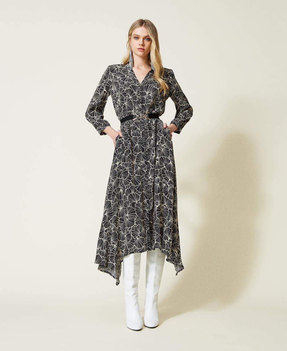 Langes Hemdblusenkleid mit Print Ginkgoblatt Schwarz/Ecru Frau 222TP2520_07227_06