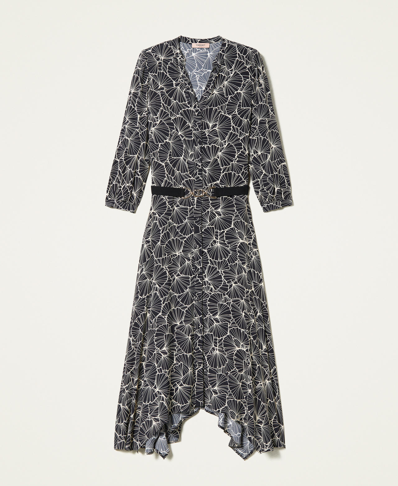Langes Hemdblusenkleid mit Print Ginkgoblatt Schwarz/Ecru Frau 222TP2520_07227_0S
