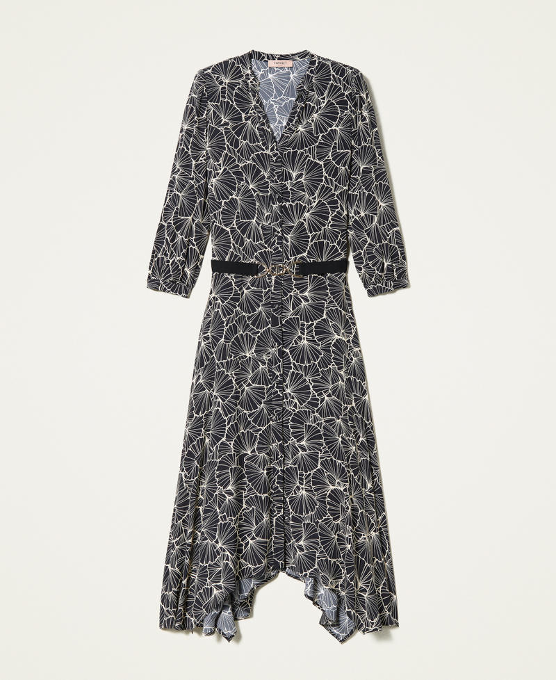 Langes Hemdblusenkleid mit Print Ginkgoblatt Schwarz/Ecru Frau 222TP2520_07227_0S
