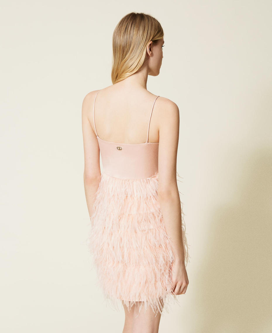 Satin dress with feathers