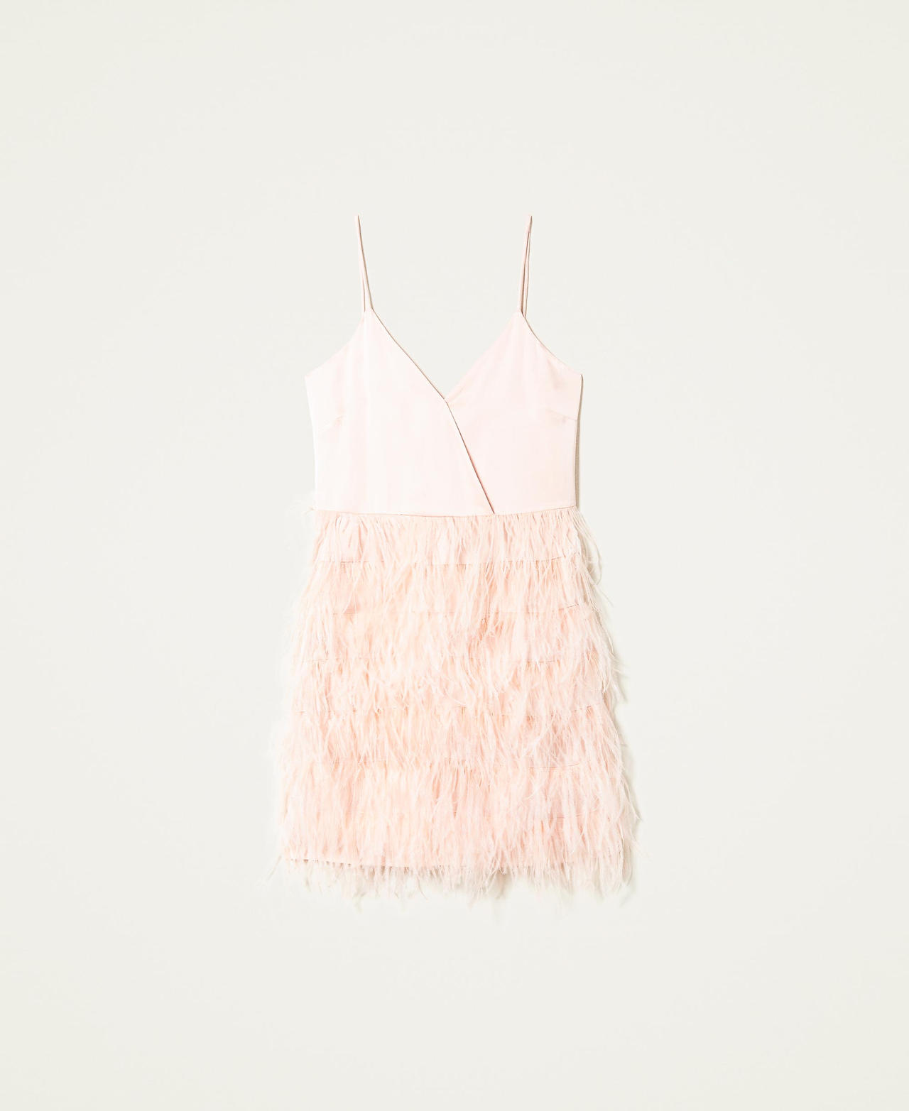Satin dress with feathers