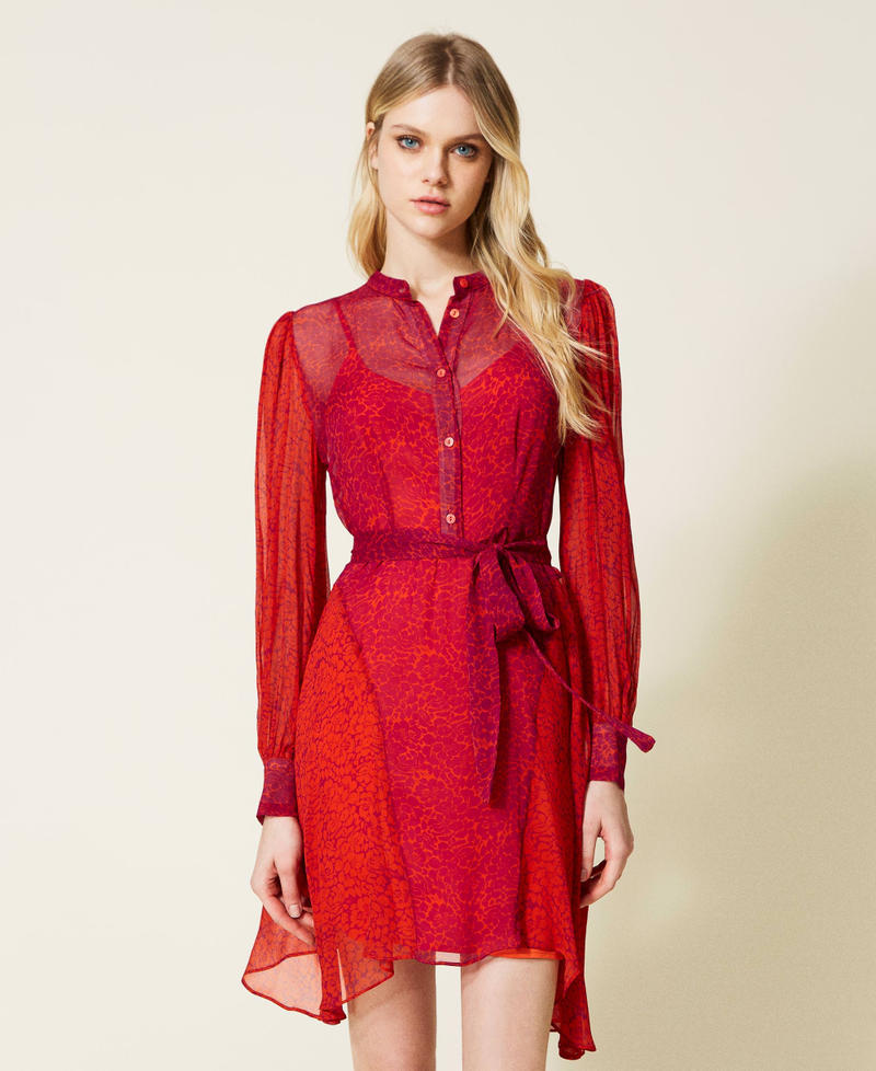 Printed creponne short dress Fuchsia / "Goji" Red Pansy Print Woman 222TP2680-02