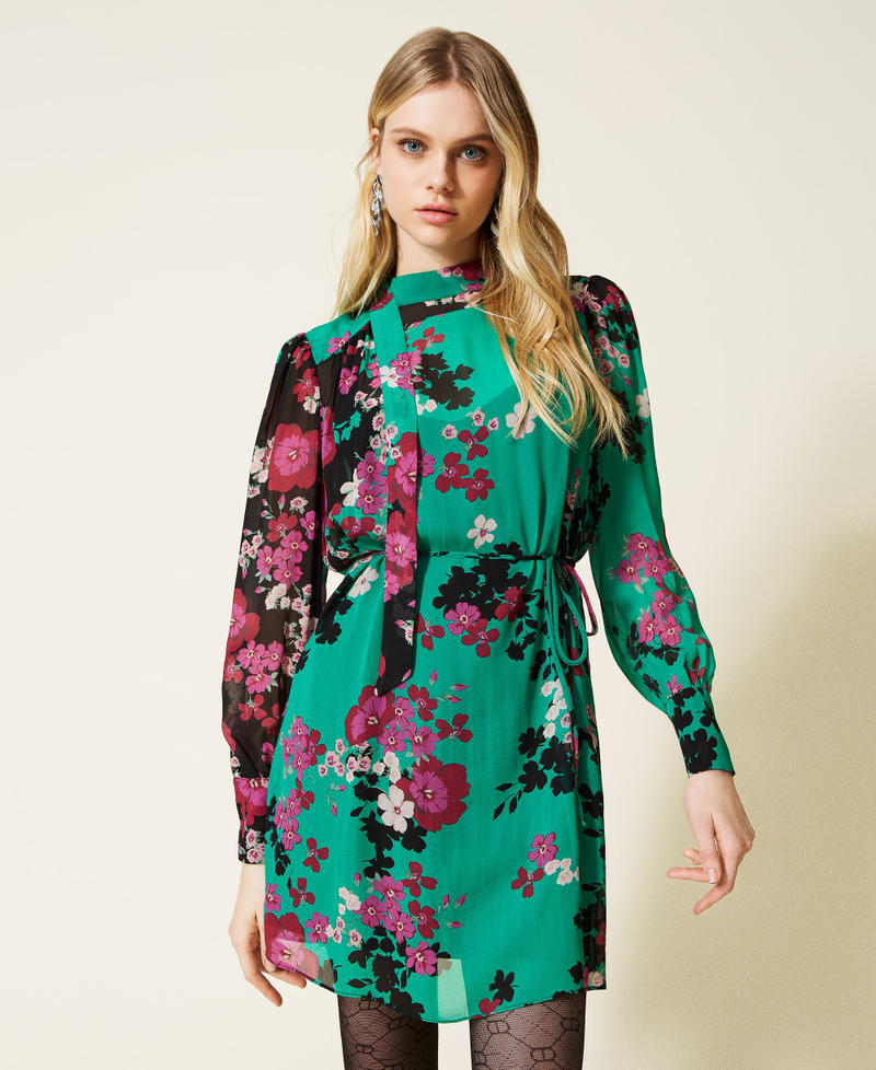 Short creponne floral dress "Peppermint" Green / Black Autumn Flowers Print Woman 222TP2690-02