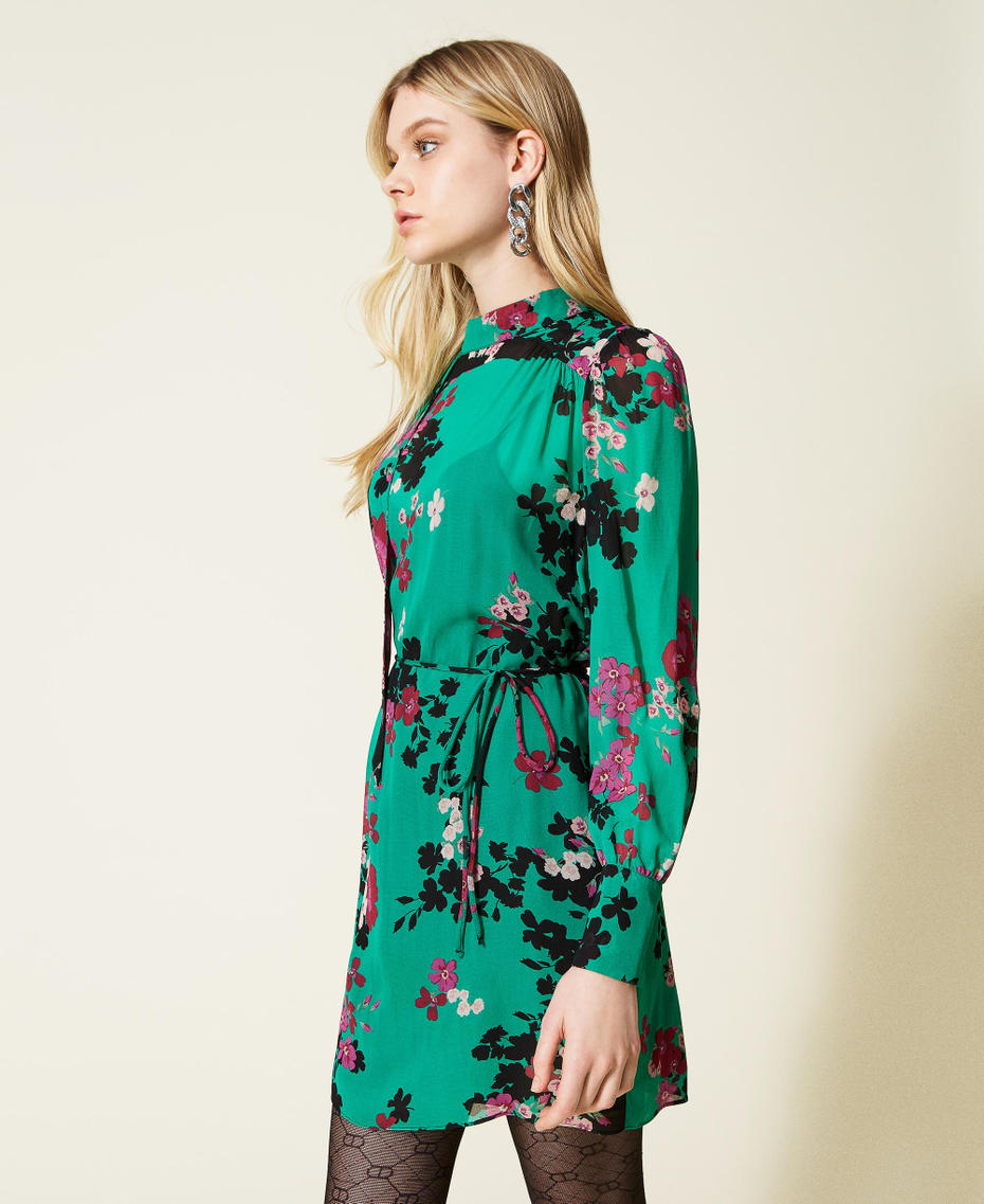 Short creponne floral dress "Peppermint" Green / Black Autumn Flowers Print Woman 222TP2690-03