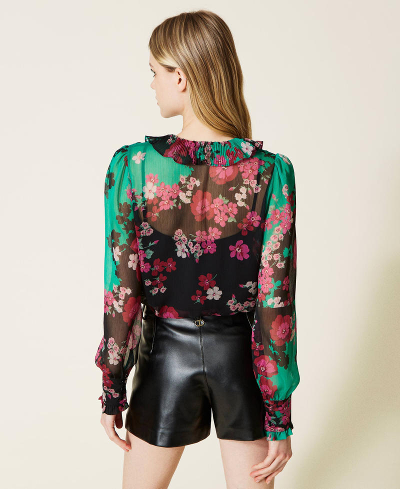 Floral creponne blouse with ruffles "Peppermint" Green / Black Autumn Flowers Print Woman 222TP2693-04