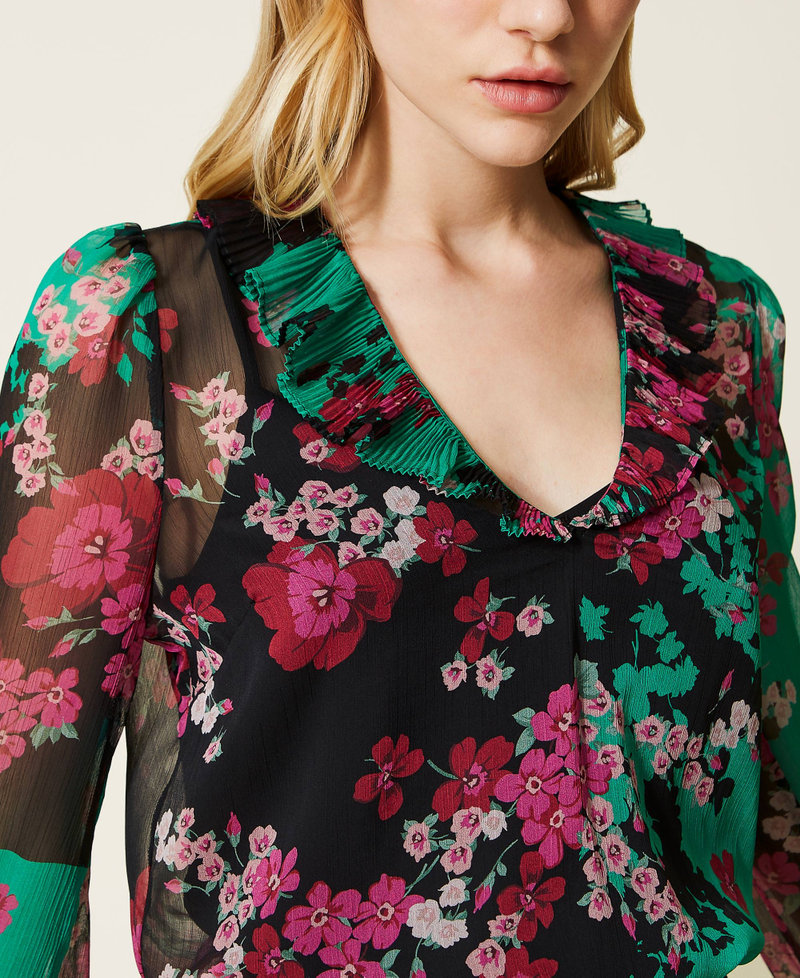 Floral creponne blouse with ruffles "Peppermint" Green / Black Autumn Flowers Print Woman 222TP2693-05