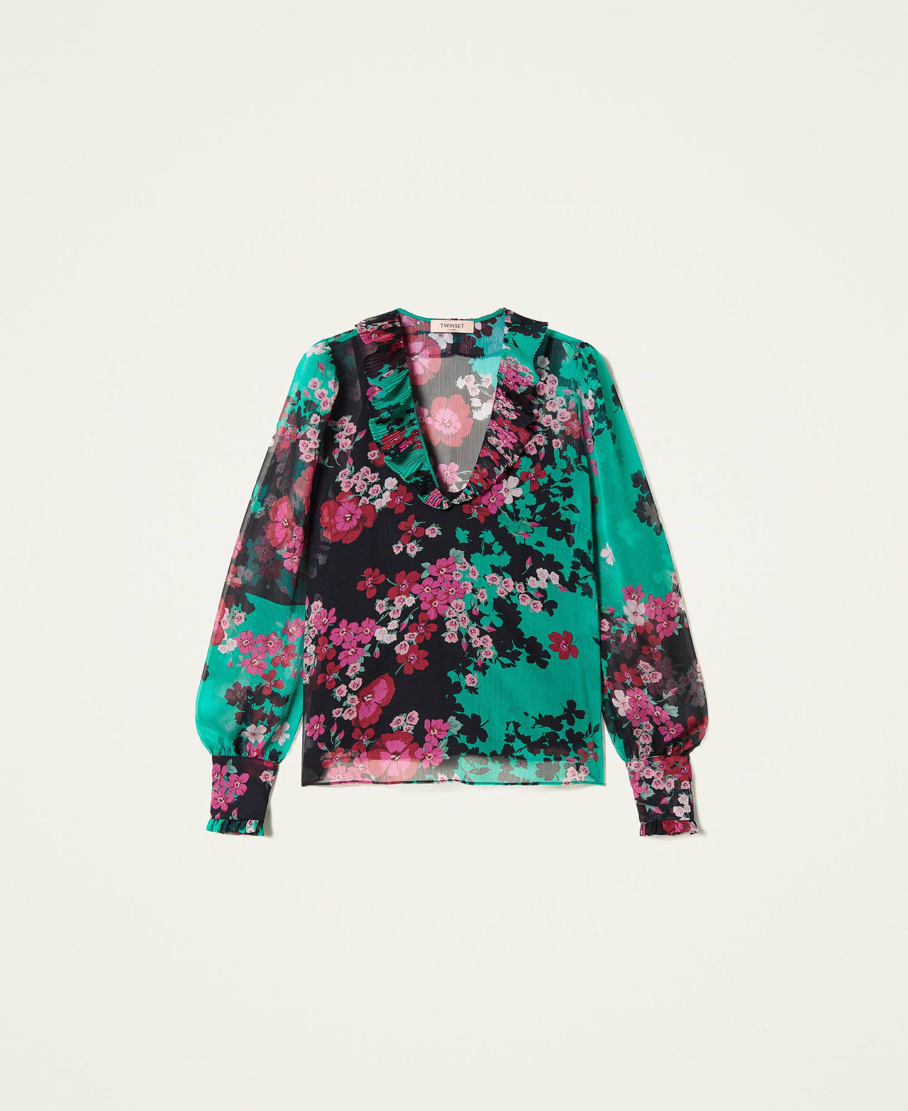 Floral creponne blouse with ruffles "Peppermint" Green / Black Autumn Flowers Print Woman 222TP2693-0S