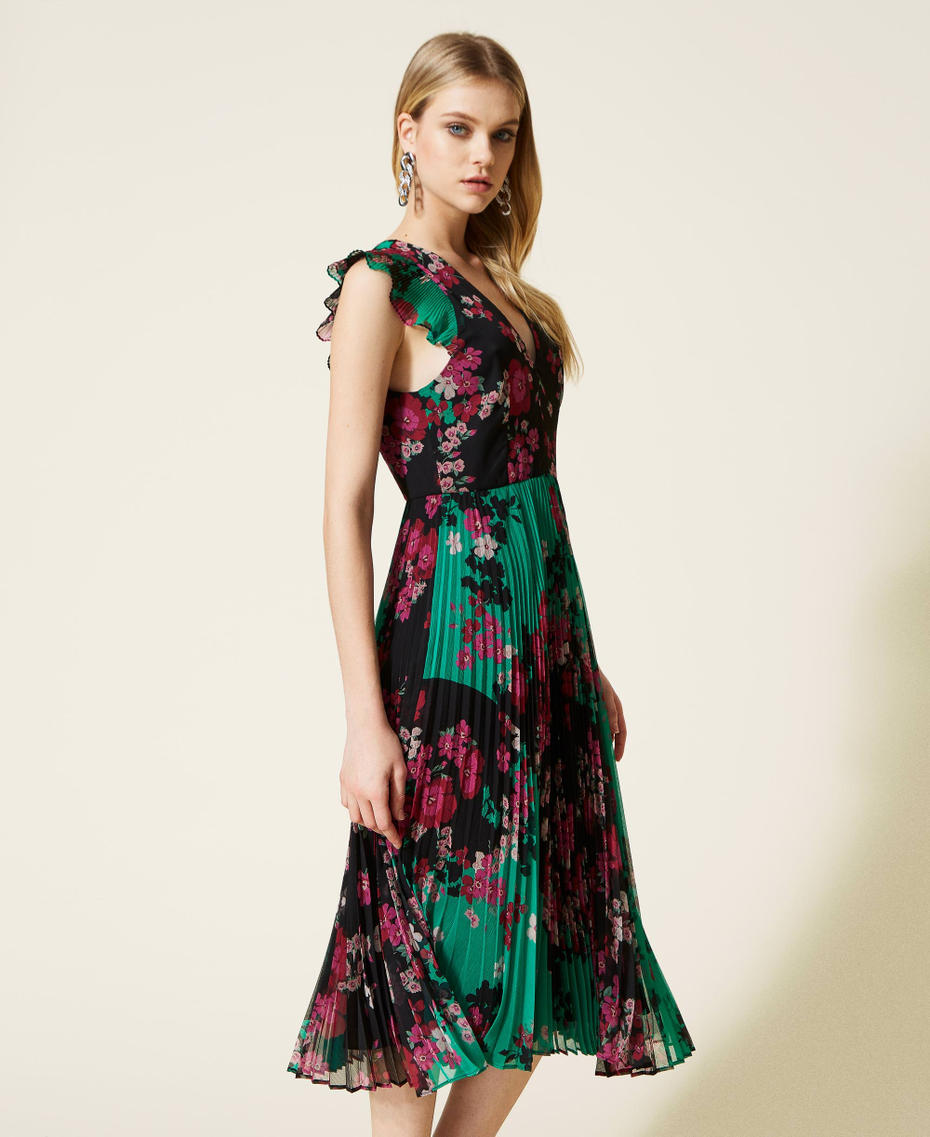 Kleid aus geblümtem Krepon mit Plissee Print Autumn Flowers „Peppermint“-Grün / Schwarz Frau 222TP2694-03