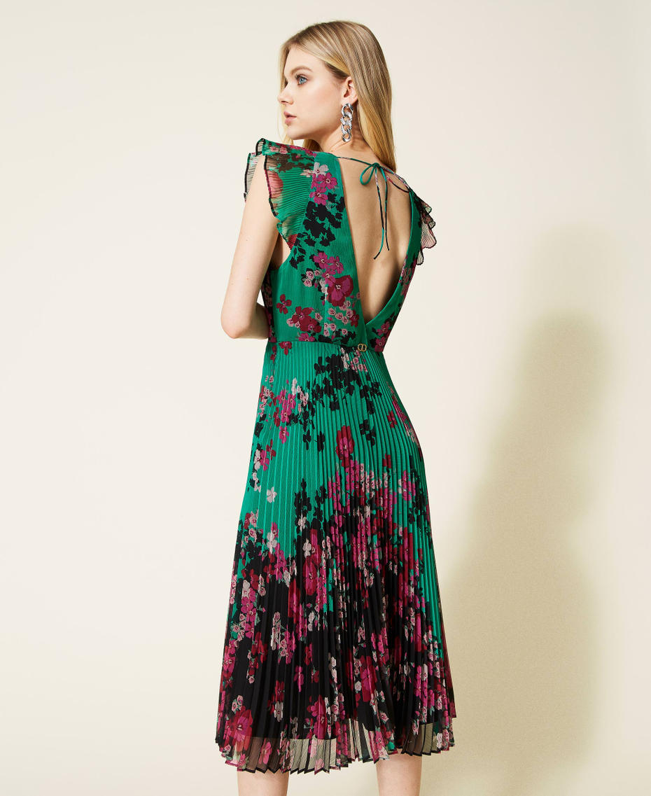 Kleid aus geblümtem Krepon mit Plissee Print Autumn Flowers „Peppermint“-Grün / Schwarz Frau 222TP2694-04