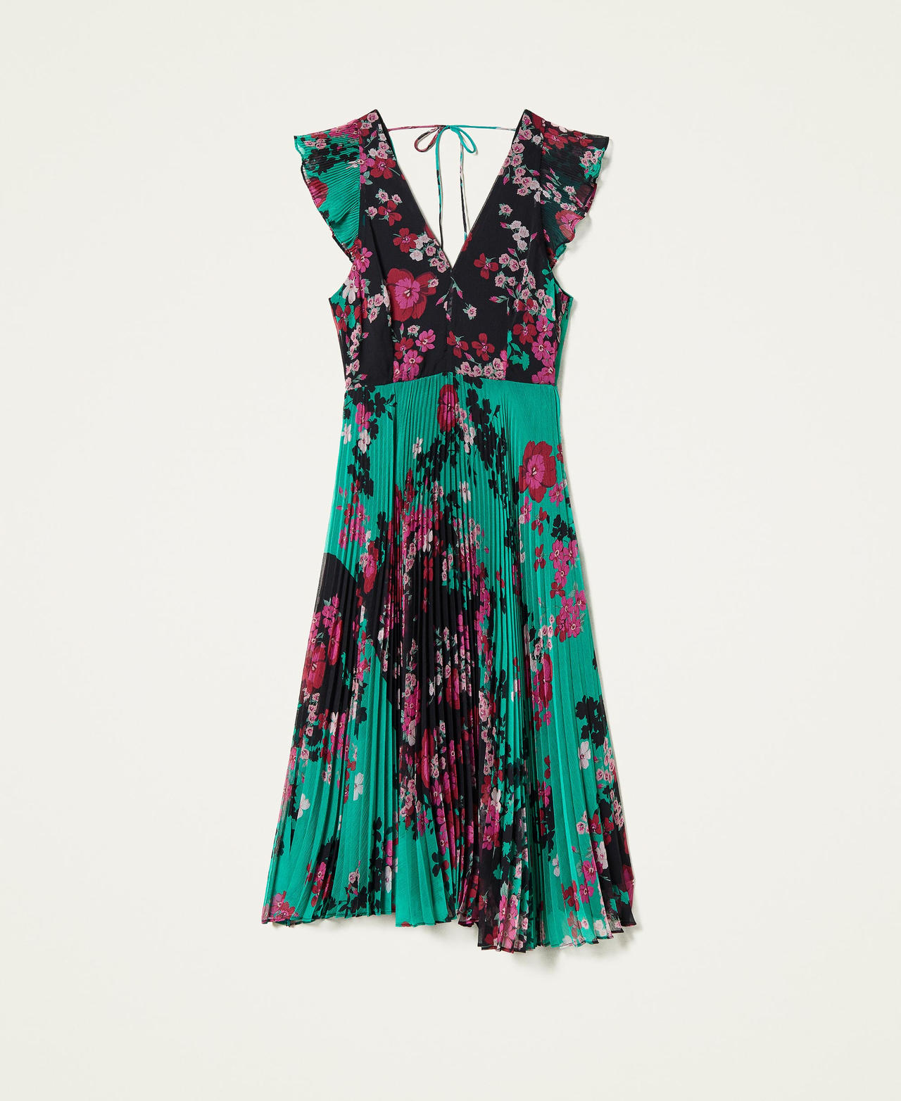 Kleid aus geblümtem Krepon mit Plissee Print Autumn Flowers „Peppermint“-Grün / Schwarz Frau 222TP2694-0S