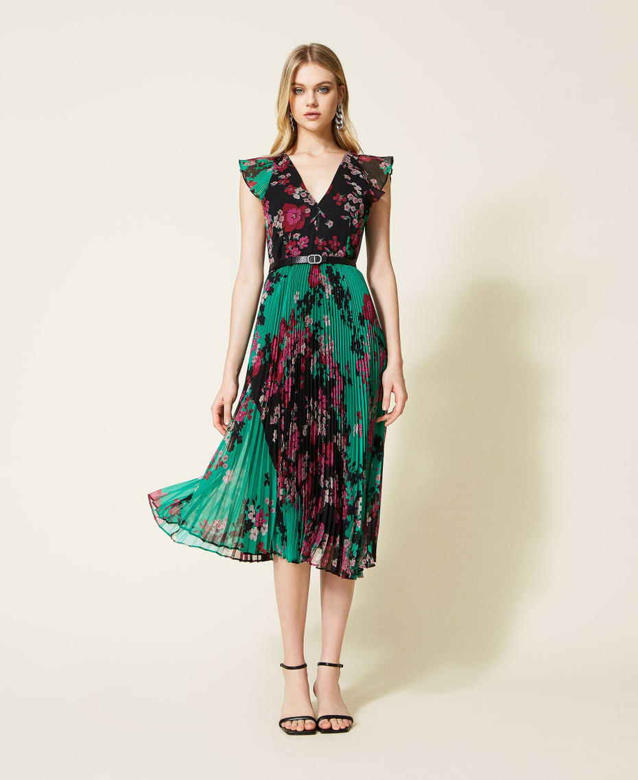 Kleid aus geblümtem Krepon mit Plissee Print Autumn Flowers „Peppermint“-Grün / Schwarz Frau 222TP2694-0T