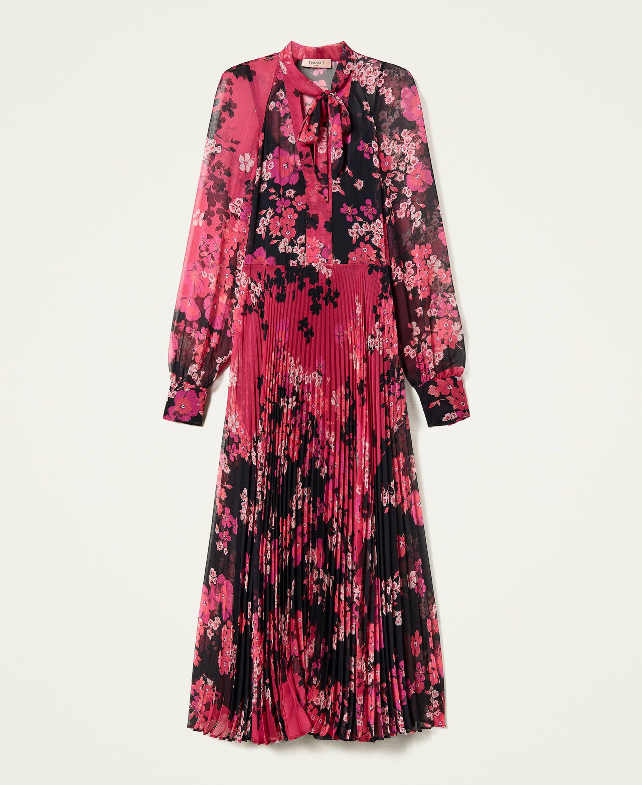 Длинное платье из креп-шифона с цветочным принтом Принт Осенние Цветы Фуксия/Черный женщина 222TP2695-0S