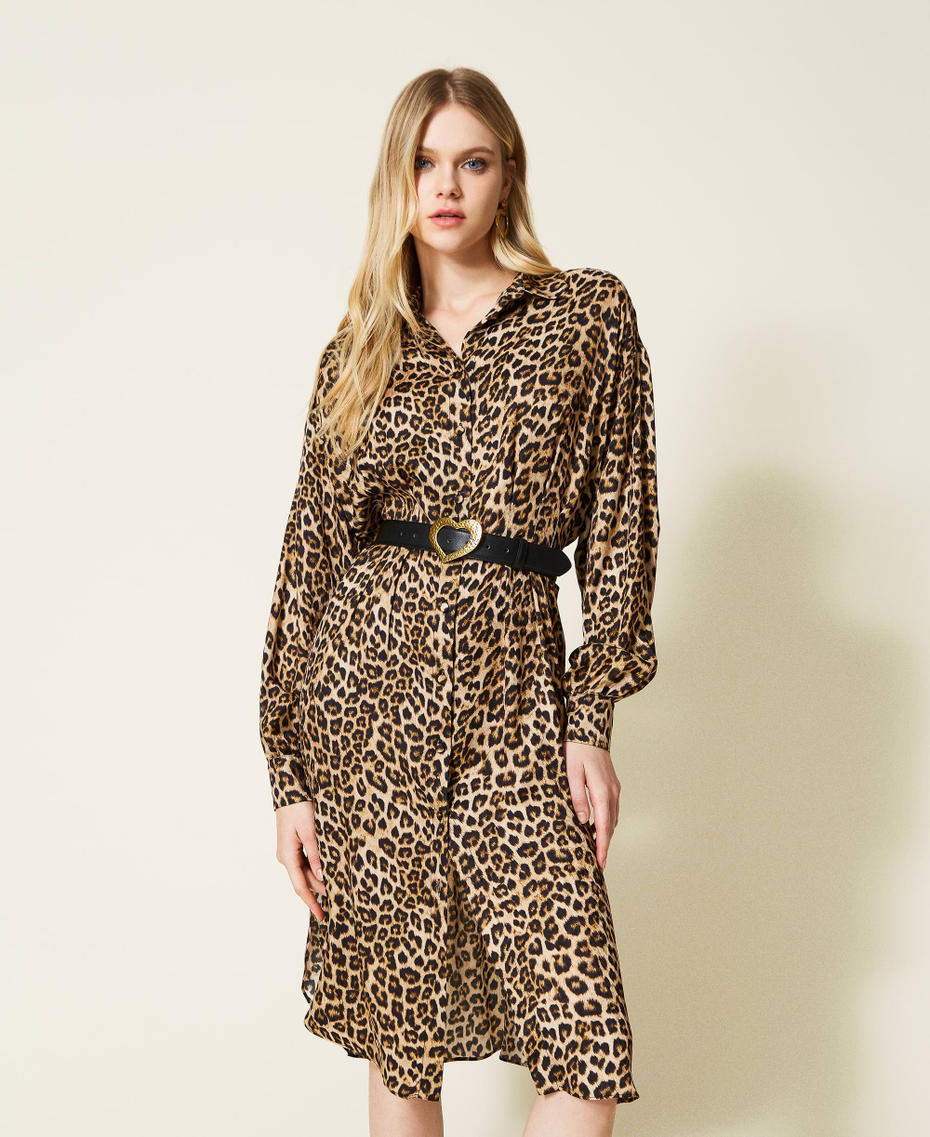 Animal print satin shirt dress