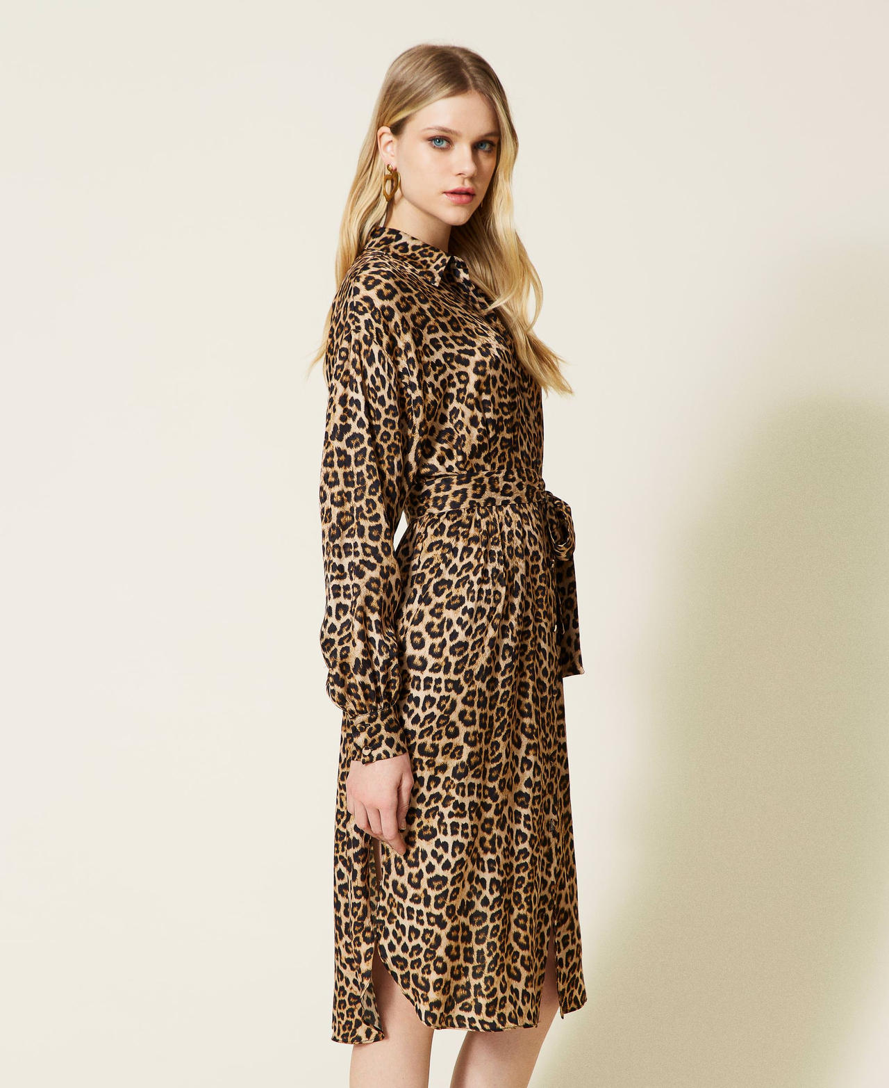 Animal print satin shirt dress
