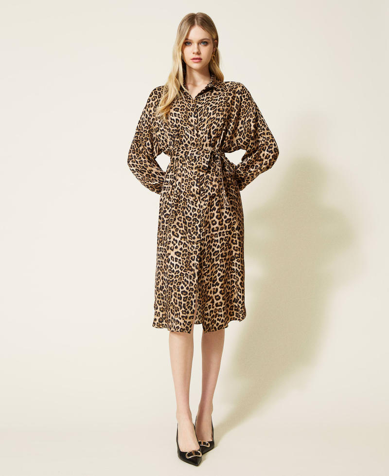 Animal print satin shirt dress