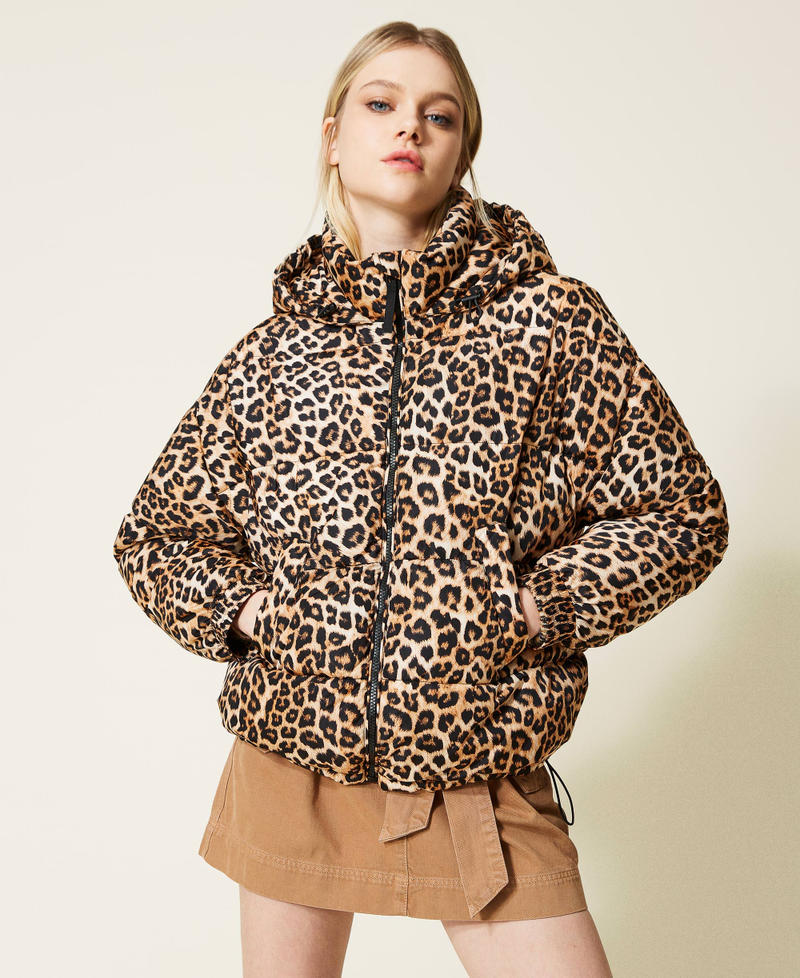 Leopard print puffer jacket with hood discount