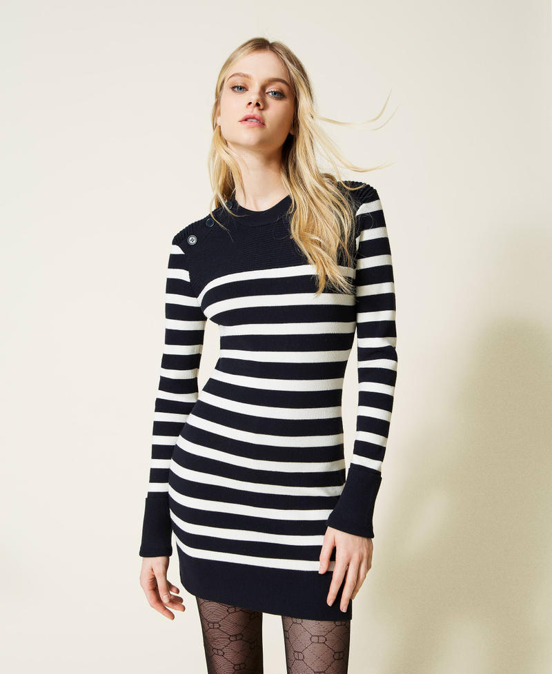 Short striped knit dress Two-tone "Dress" Blue / Snow Woman 222TP3010-01