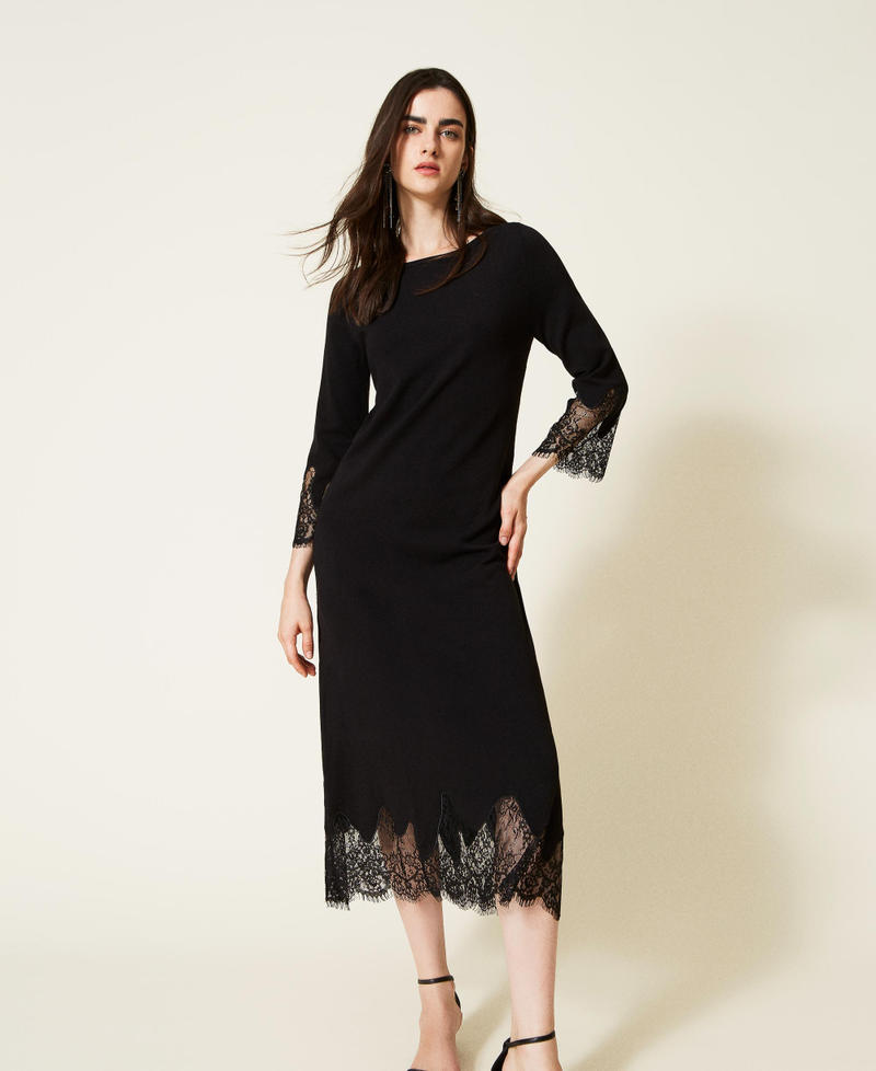 Midi knit dress with lace Black Woman 222TP3020-01