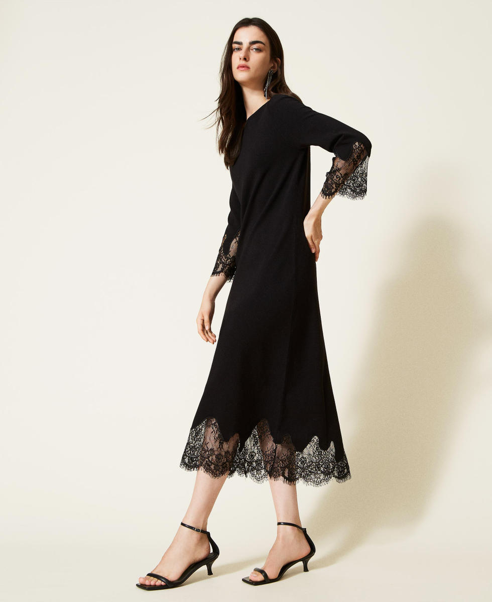Midi knit dress with lace Woman, Black | TWINSET Milano Midi knit dress with lace Woman, Black | TWINSET Milano