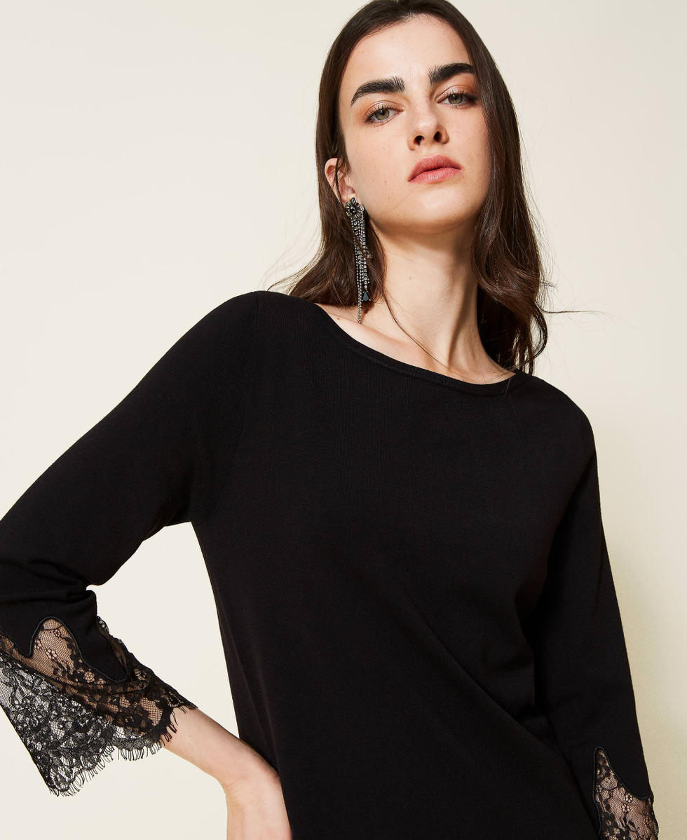 Midi knit dress with lace Woman, Black | TWINSET Milano Midi knit dress with lace Woman, Black | TWINSET Milano