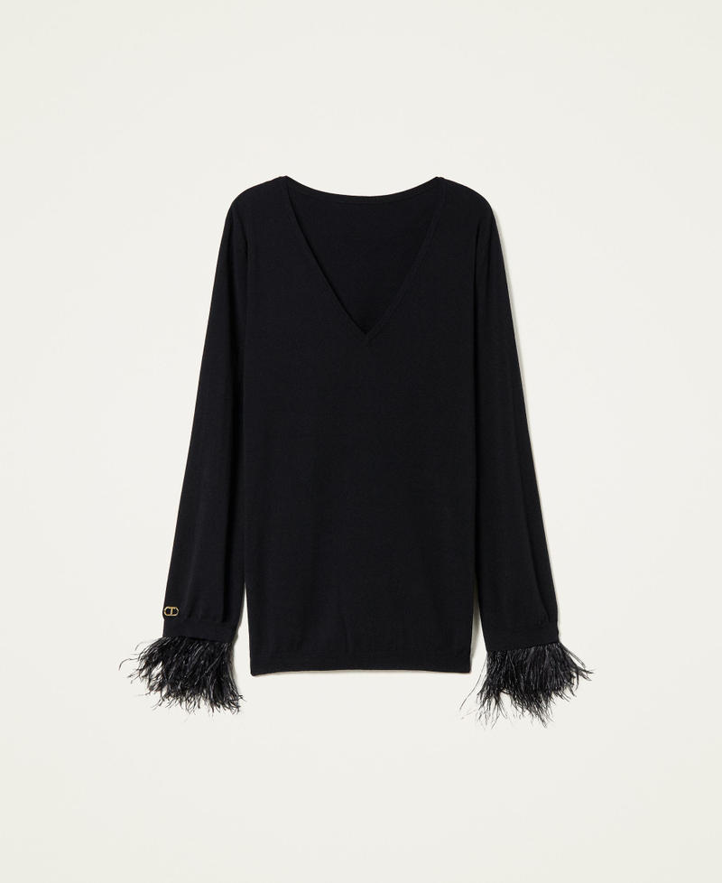 Pull double usage avec plumes Noir Femme 222TP3040_00006_0S