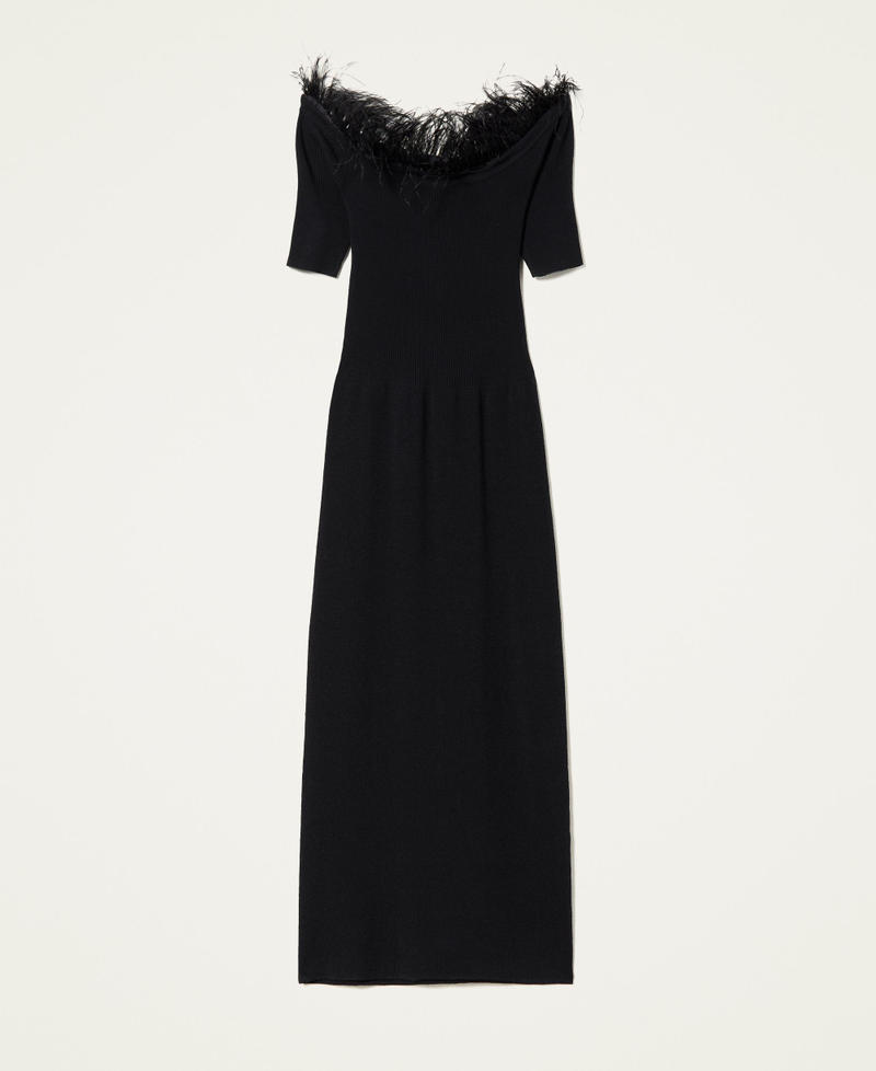 Трикотажное платье миди с перьями Черный женщина 222TP3042-0S