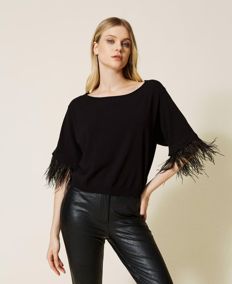 Boxy jumper with feathers Black Woman 222TP3044-02