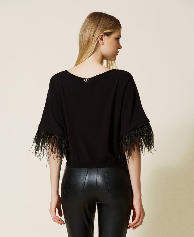 Boxy jumper with feathers Black Woman 222TP3044-04