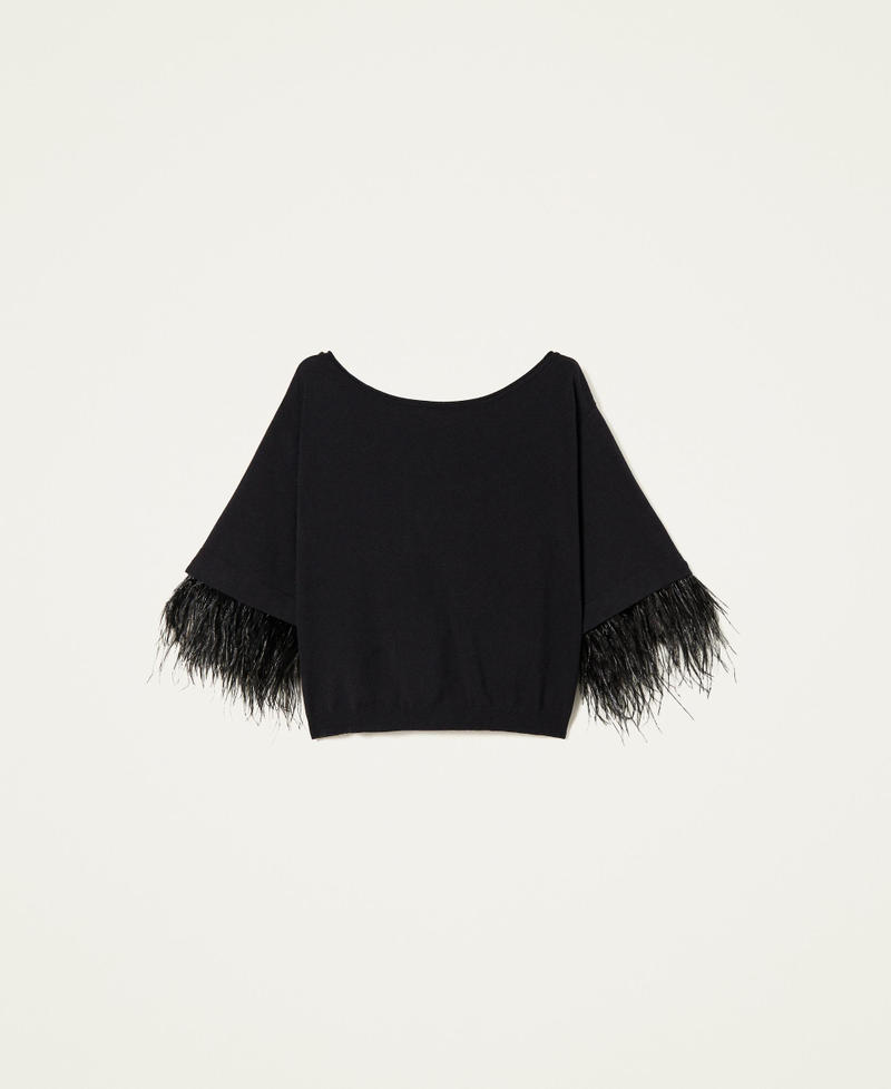 Boxy jumper with feathers Black Woman 222TP3044-0S