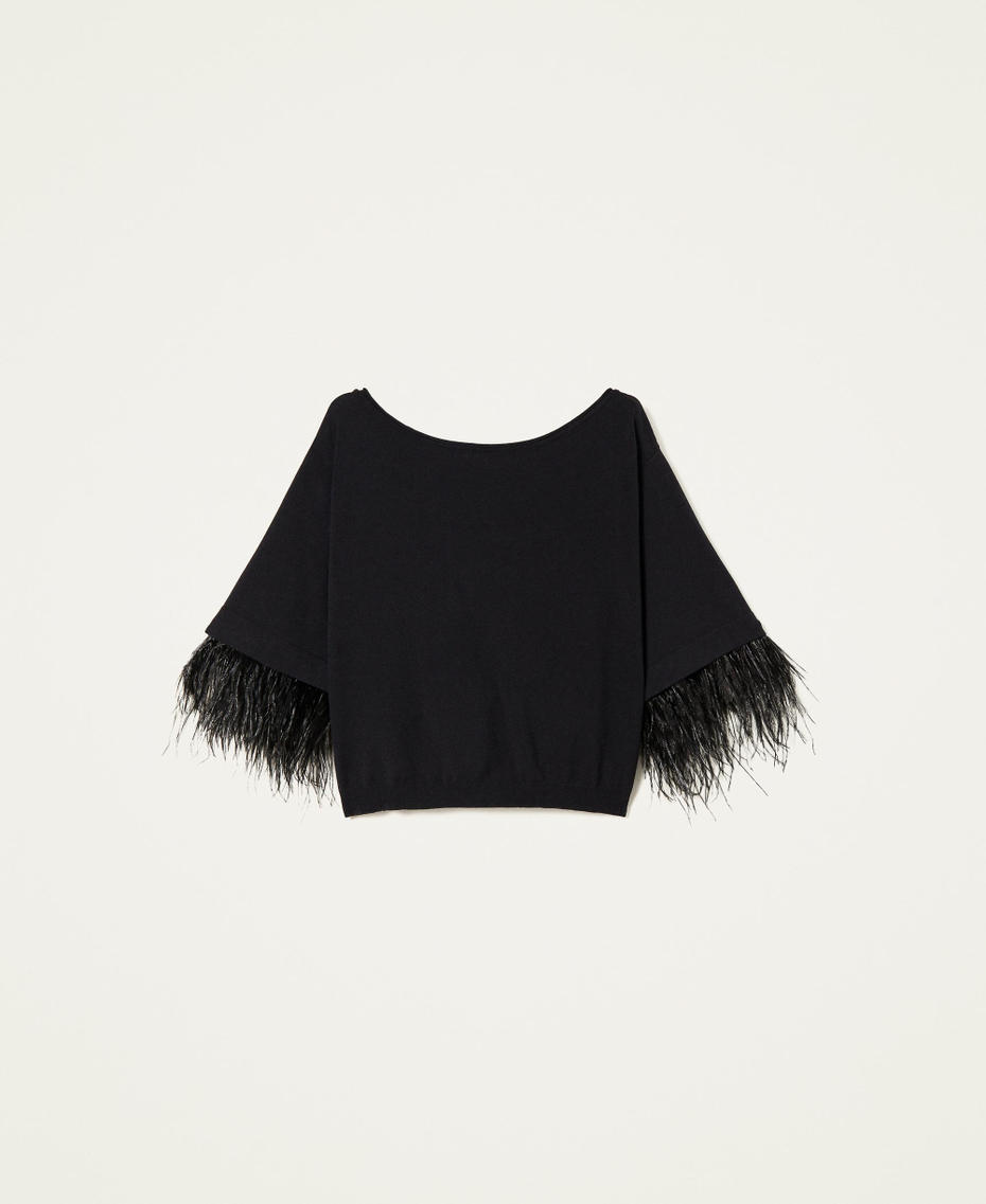 Boxy jumper with feathers Black Woman 222TP3044-0S