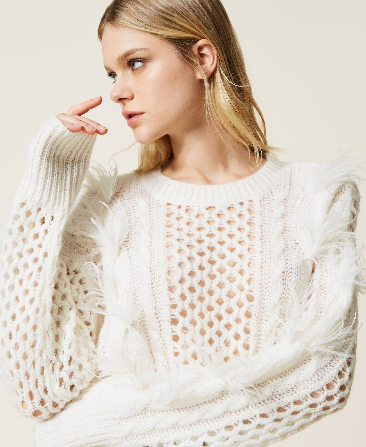 Pull Femme Blanc à Torsades - 30% Laine, 70% Polyester - Taille 38/40 - Très Bon état