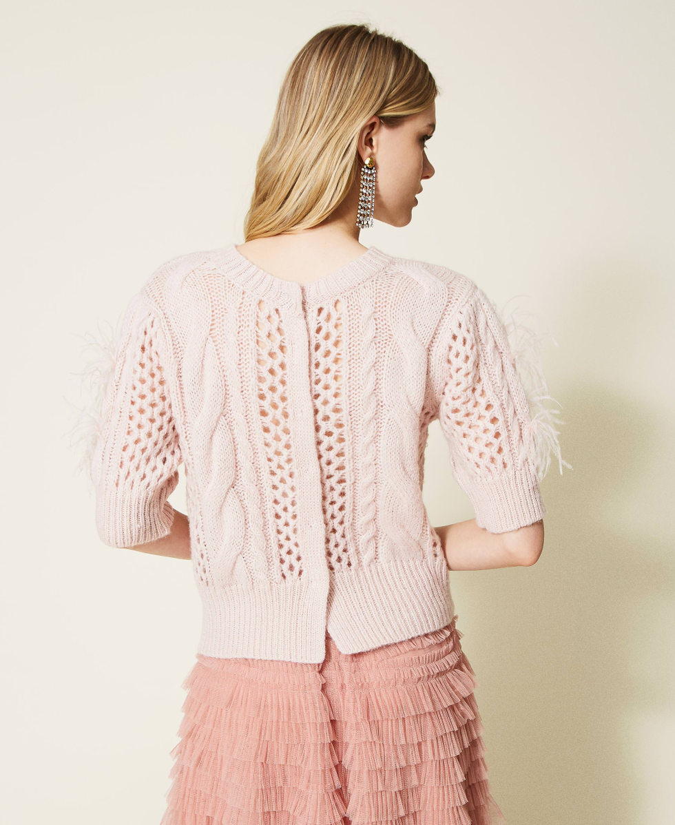 Cardigan-jumper with cable knit and feathers Woman, Pink