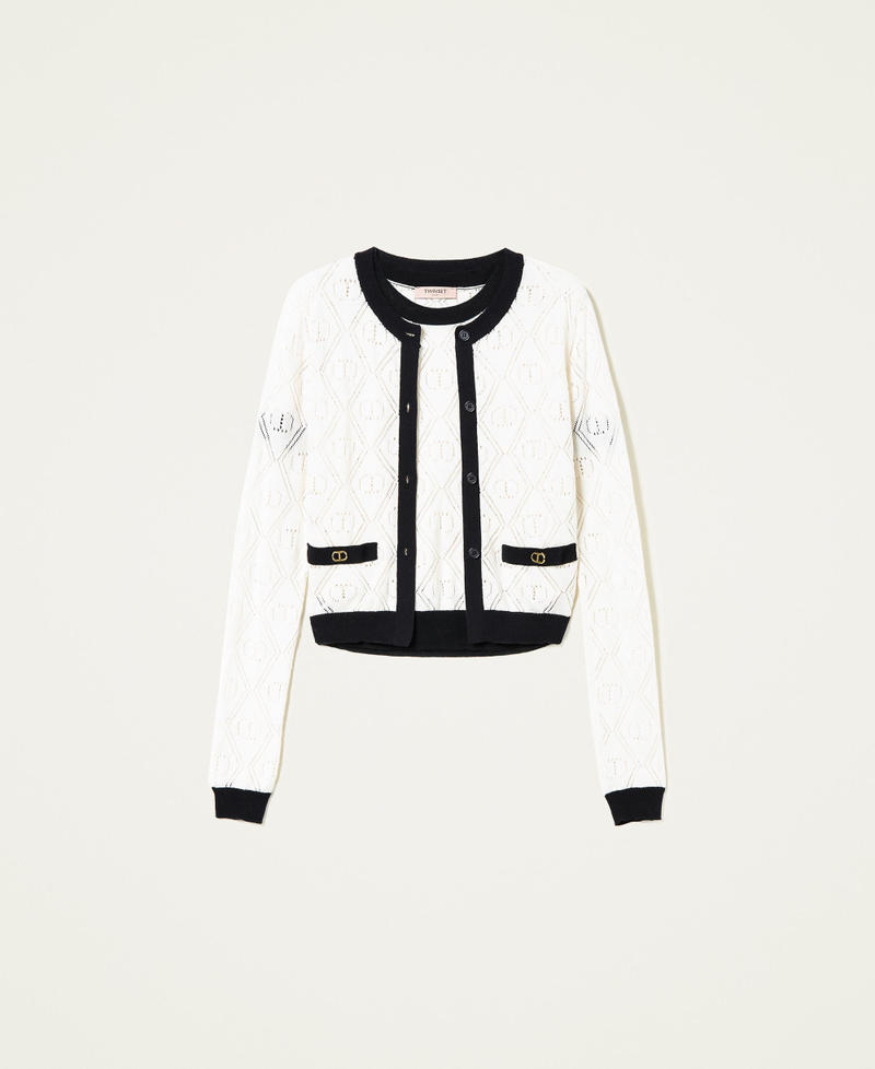 Cardigan and jumper with openwork logo Bicolour "Snow" White / Black Woman 222TP3105-0S