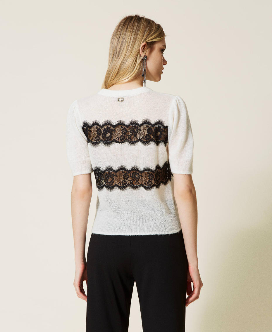 Fitted jumper with lace Bicolour Black / "Snow" White Woman 222TP3131-04